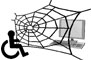 Logo für Webbarriere: Einem Rollstuhlfahrer wird der Zugang zum Computer durch ein Spinnennetz verwehrt
